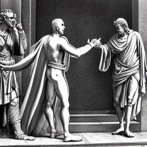 Image similar to cinematic shot of the joker shaking hands with julius caesar in ancient rome, 8 k, very detailed, very intricate,