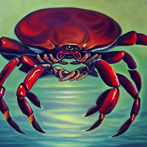 Prompt: A oil painting of an ancient crab deity devouring souls, dark, gruesome, mysterious frightening