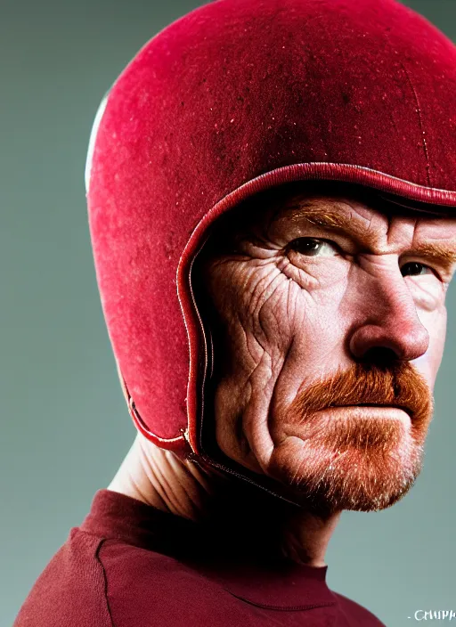 Image similar to cranberries fused with bryan cranston, red berry skin, cranberry helmet, studio light, bloom, detailed face, magazine, press, photo, steve mccurry, david lazar, canon, nikon, focus