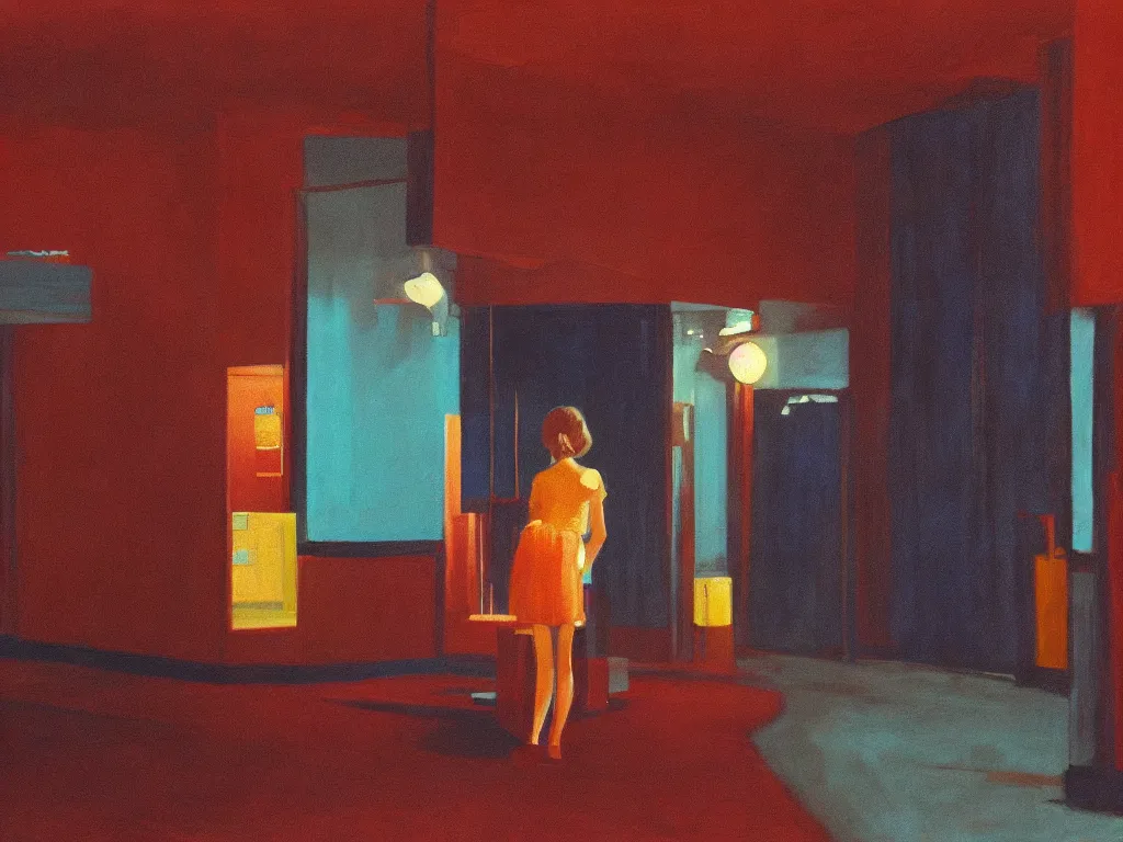 Prompt: lone girl waiting inside a 7 0 s cinema, stanley kubrick the shinning, vibrant colors americana, cinematic, volumetric lighting, ultra wide angle view, realistic, detailed painting in the style of edward hopper and rene magritte