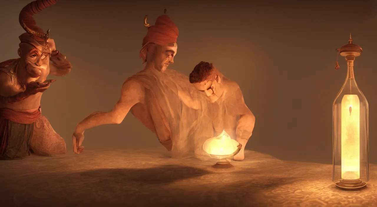 Prompt: The great genie in the bottle demonstrates enormous magical powers stunning the young man who just released him from the lamp. Intricate details, photo realistic, award winning, dramatic lighting, award winning, depth of field, UHD 8K. Rendered with autodesk arnold unreal engine octane render Lumion Blender Maxwell.