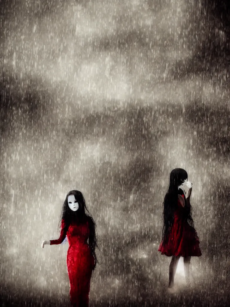 Image similar to cute drooping ectoplasmic fumo plush gothic maiden ghost apparition girl, in the lobby of a flooded abandoned hotel where it rains inside, volumetric fog, melting black and red dress, vignette, bokeh