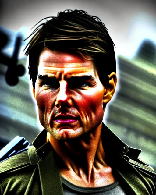 Image similar to tom cruise in edge of tomorrow, hyperrealism, editorial
