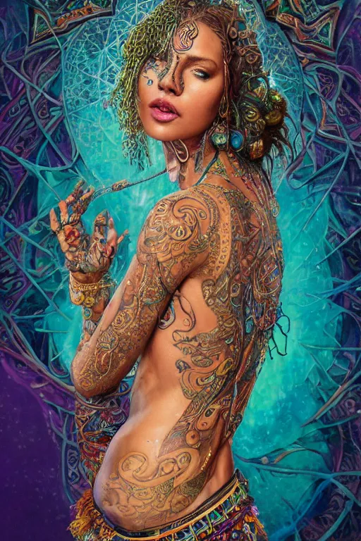 Image similar to a centered render of an mytical festival hippy with tribal tattoos wearing intricate metallic clothing surrounded by a underwater ink pour and flowing liquid gallium and sacred geometry, perfect body and face, gorgeous, cinematic, beautifully lit, by tim okamura, by karol bak, by donato giancola, 3 d, trending on artstation, octane render, 8 k