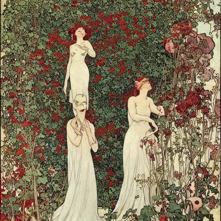 Image similar to A woman stands back in a white dress, blonde with red lips, she is wrapped in ivy and flowers, next to her is a robot man Anton Pieck,Jean Delville, Amano,Yves Tanguy, Alphonse Mucha, Ernst Haeckel, Edward Robert Hughes,Stanisław Szukalski and Roger Dean