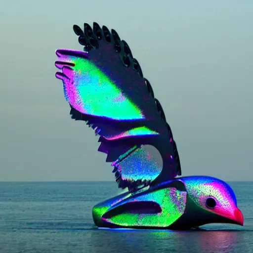 Prompt: giant iridescent robot seagull