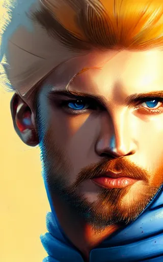 Prompt: a rugged young knight with blonde hair and blue eyes and a short beard and a scar under his left eye wearing a blue shirt steel pauldrons and a yellow cape and leather boots by Greg_Rutkowski, realistic, detailed, masterpiece, ArtStation