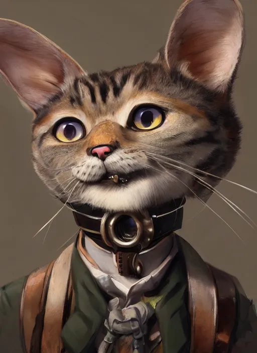 Image similar to a beautiful half body portrait of a cute young anthropomorphic steampunk cat fursona. big eyes. character design by cory loftis, fenghua zhong, ryohei hase, ismail inceoglu and ruan jia. volumetric light, detailed, rendered in octane