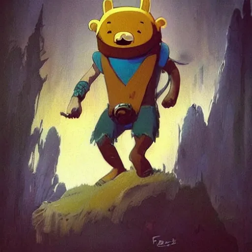 Prompt: “adventure time, character concept art, by frank frazetta”