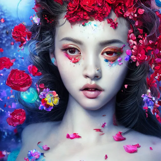 Image similar to studio portrait absurdly beautiful, elegant, lovely, young hypercolorful sensual gravure idol rubies red petals gems, ultrafine hyperrealistic detailed face illustration by kim jung gi, irakli nadar, intricate linework, sharp focus, bright colors, matte, octopath traveler, final fantasy, unreal engine highly rendered, global illumination, radiant light, intricate rainbow environment