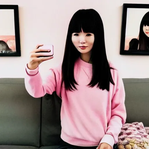 Prompt: selfie photograph of a cute thin petite chinese young woman with light pink hair, long hair, with full bangs, small round face, small nose, porcelain skin tone, red blush, wearing casual clothes, small smile, relaxing on a couch, cozy living room, medium shot, 8 k, trending on instagram, trending on pinterest, portra 4 0 0