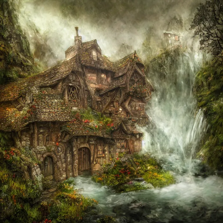 Image similar to inside a medieval hobbit home, ornate, beautiful, mist, smoke, chimney, rain, waterfall, melting, snow, creek, lush, ice, bridge, forest, flowers, concept art illustration, color page, 4 k, tone mapping, magic realism, josephine wall, huang guangjian, viktoria gavrilenko, amanda sage, trending on artstation