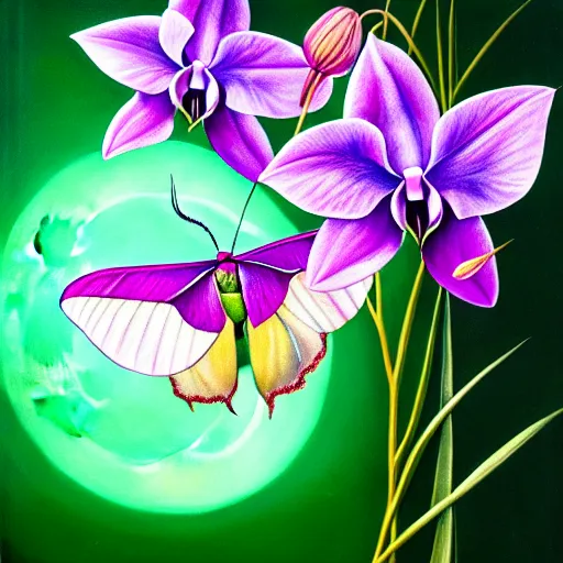 Prompt: painting of a luna moth surrounded by orchids, moonlight, highly detailed, photorealistic, lifelike, illustration, soft, sharp focus, dramatic lighting, intricate, digital art, cgsociety, trending on artstation