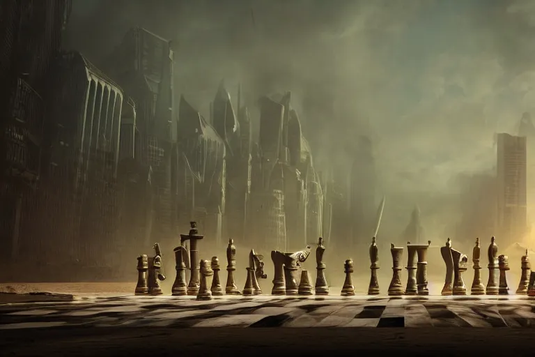 Image similar to A dystopian future in a larger than life-size game of Chess, evil, demonic, angelic, environment concept, Rendered in Octane, trending on artstation, cgsociety, moody lighting rendered by octane engine, environment 8K artstation, cinematic lighting, intricate details, 4k detail post processing, hyperealistic, octane render, photo realism