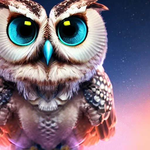 Prompt: cute owl, charactor, with big blue eyes, with a crown on his head, magical, warrior, portrait, hyper detailed, stylistic, symmetrical, 3 d render, photorealitic, 8 k, octane render