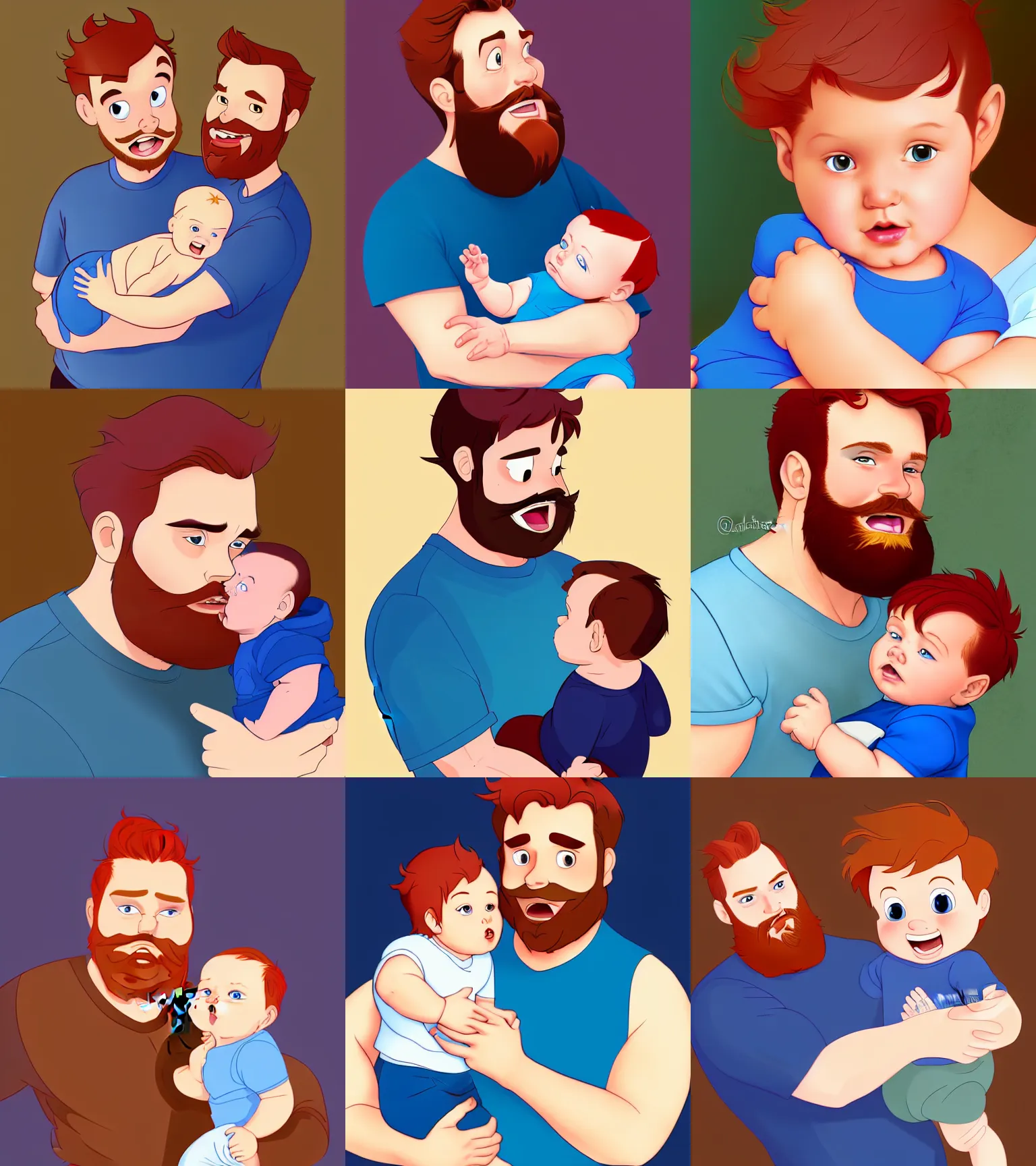 Prompt: a father with short red hair, a very short red beard and blue eyes and a chubby face with his brown haired infant baby boy full color digital illustration in the style of don bluth, artgerm, artstation trending, 4 k