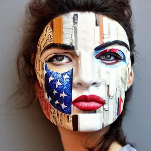 Prompt: a beautiful portrait sculpture designed by Sandra Chevrier, American Indian head dress, American stars and stripes on face