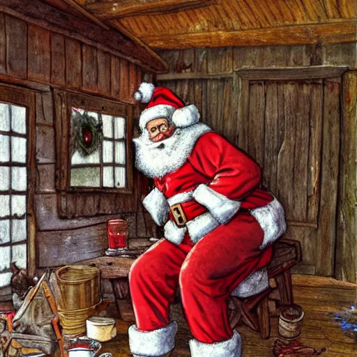Prompt: Santa inside a rustic barn, in the style of Carl larsson