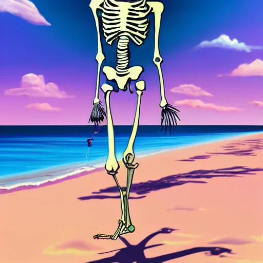 Prompt: Beautiful digital painting portrait of relaxed skeleton walking on the tropical beach with nuclear bomb explosion in the background, high quality, trending on Artstation, realistic, tropical color scheme, anatomically correct skeleton, high coherence, clear blue sky