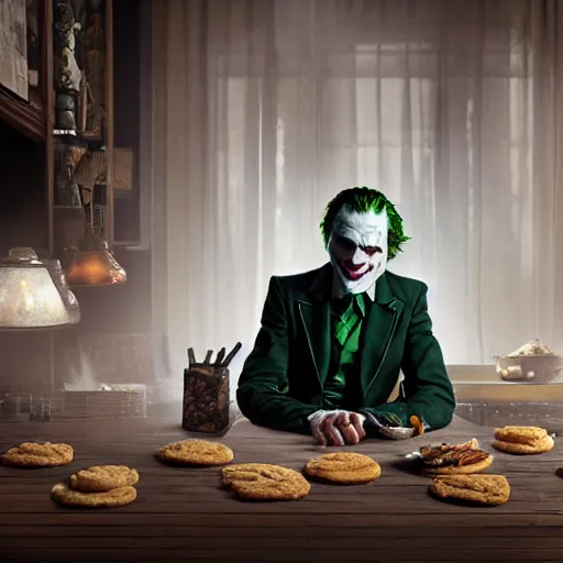 Image similar to cinematic shot of the joker sitting at a table in front of a plate of flour biscuits, 8 k, very detailed, very intricate,