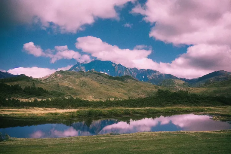 Prompt: film color photography, green lawn, small mirror reflected clouds, no focus, mountains in distance, 35mm