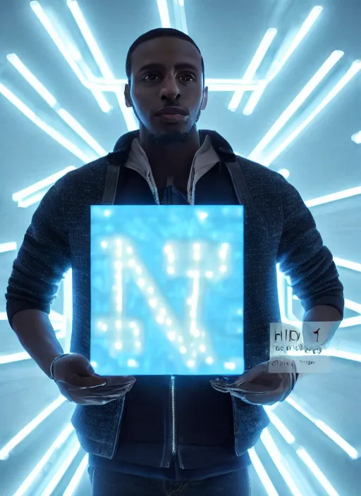 Image similar to a black man with short curly haircut, portrait, wearing black letter jacket, holding a futuristic looking big cinema camera, light blue led's, sharp focus, octane render, hyperrealistic, cinematic lighting, highly detailed, 8 k,