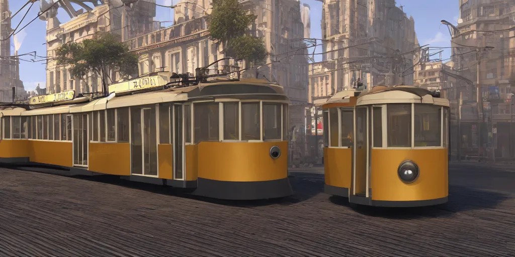 Image similar to triple decker tram, retro futuristic, volumetric lighting, photorealistic, daytime, sunny weather, sharp focus, ultra detailed, 4 0 0 0 k