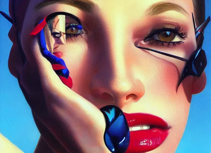 Prompt: beautiful american girl, portrait, high fashion, futurism, aerodynamic, face closeup, oriental, intricate, slick, highly detailed, digital painting, vogue, concept art, smooth, sharp focus, hd, art by jean giraud and syd mead and annie leibovitz