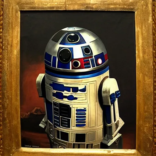 Prompt: a portrait painting of r 2 d 2 from star wars in a renaissance style hanging in the louvre