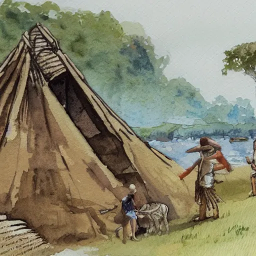 Prompt: watercolor concept sketch of a neolithic tribe living near a riverbank in neolithic england