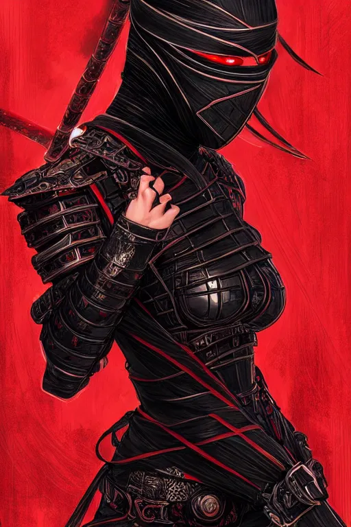 Image similar to portrait Ninja gaiden girl, armored black and red ninja wardrobe, in ruin japanese rainny temple night, ssci-fi and fantasy, intricate and very very beautiful and elegant, highly detailed, digital painting, artstation, concept art, smooth and sharp focus, illustration, art by tian zi and WLOP and alphonse mucha