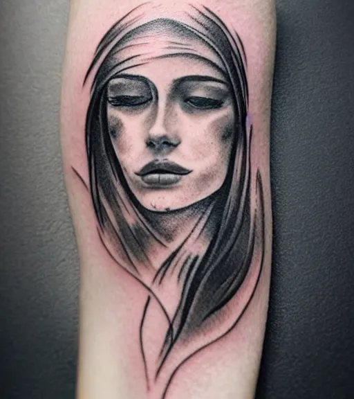 Image similar to tattoo design sketch of a beautiful woman face with a faded background of beautiful mountains and nature on her side, hyper - realistic, in the style of den yakovlev, amazing detail, black and white