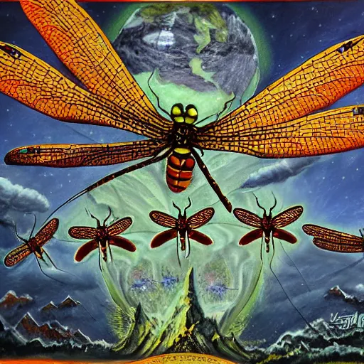 Image similar to the dragonflies rule over the earth, a detailed painting, horror