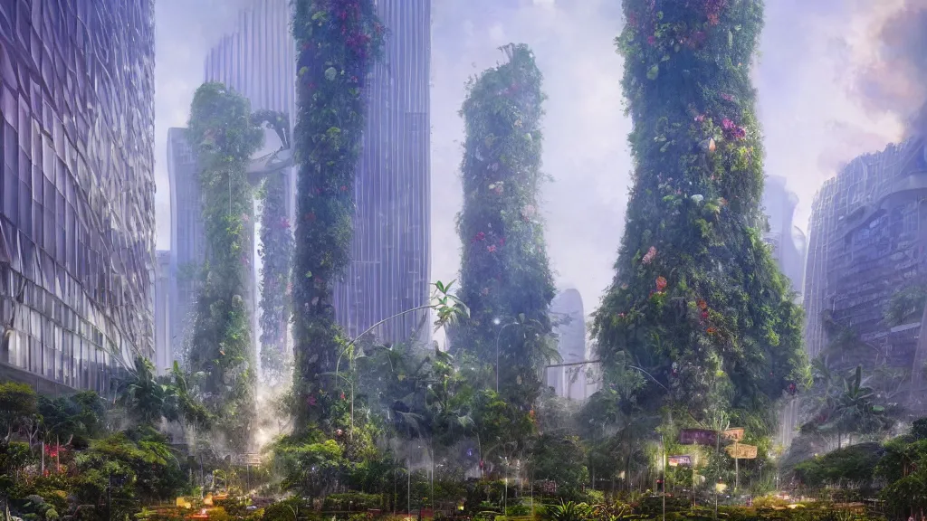 Image similar to giant orchid growing in the middle of singapore city, andreas achenbach, artgerm, mikko lagerstedt, zack snyder, tokujin yoshioka
