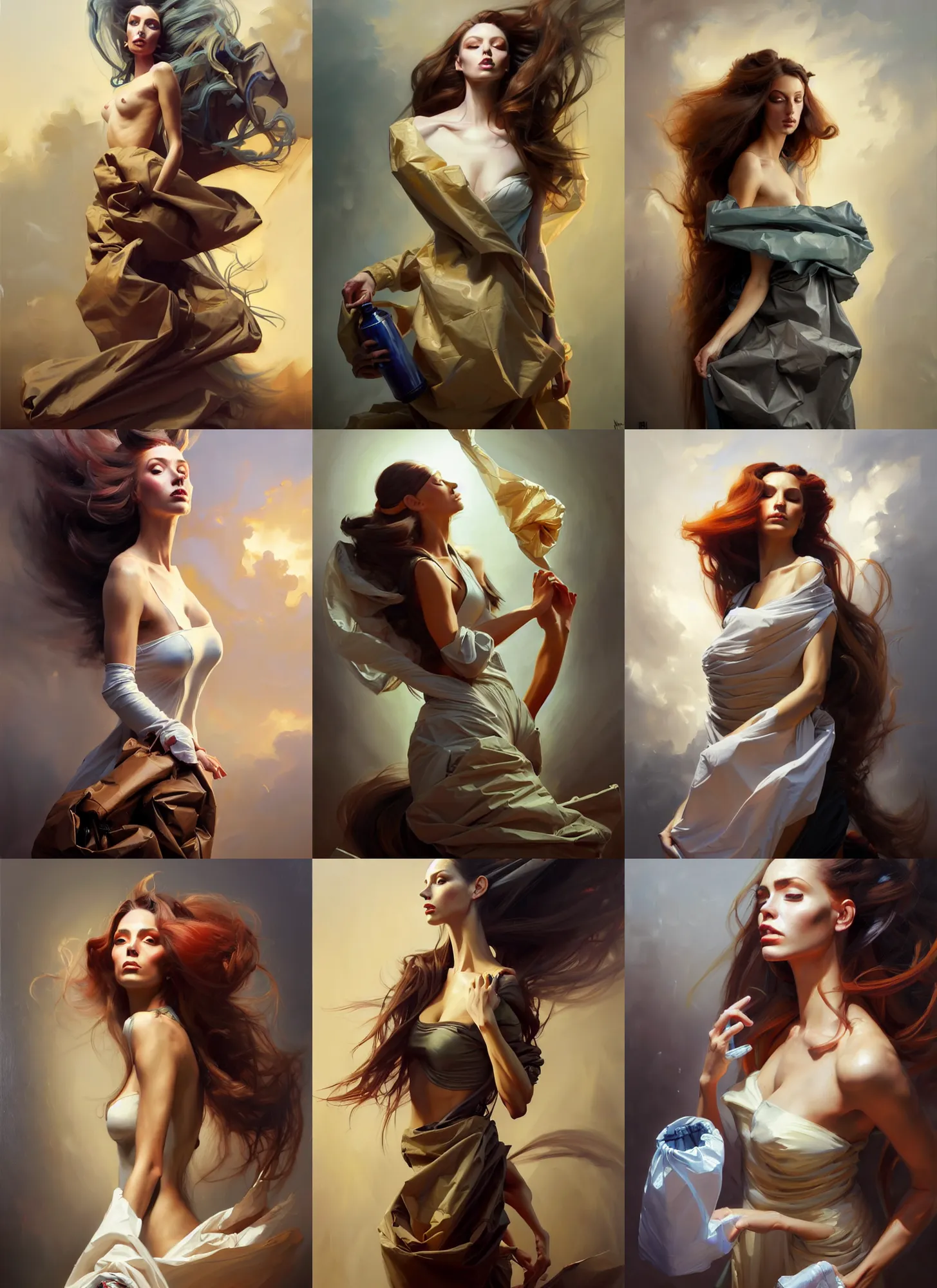 Prompt: fine art portrait oil painting of a beautiful woman with long hair wearing a garbage bag for clothes, perspective, ultra detailed, elegant, intricate, dynamic lighting, hyperrealism, sharp focus, art by peter mohrbacher and greg manchess and andrei riabovitchev