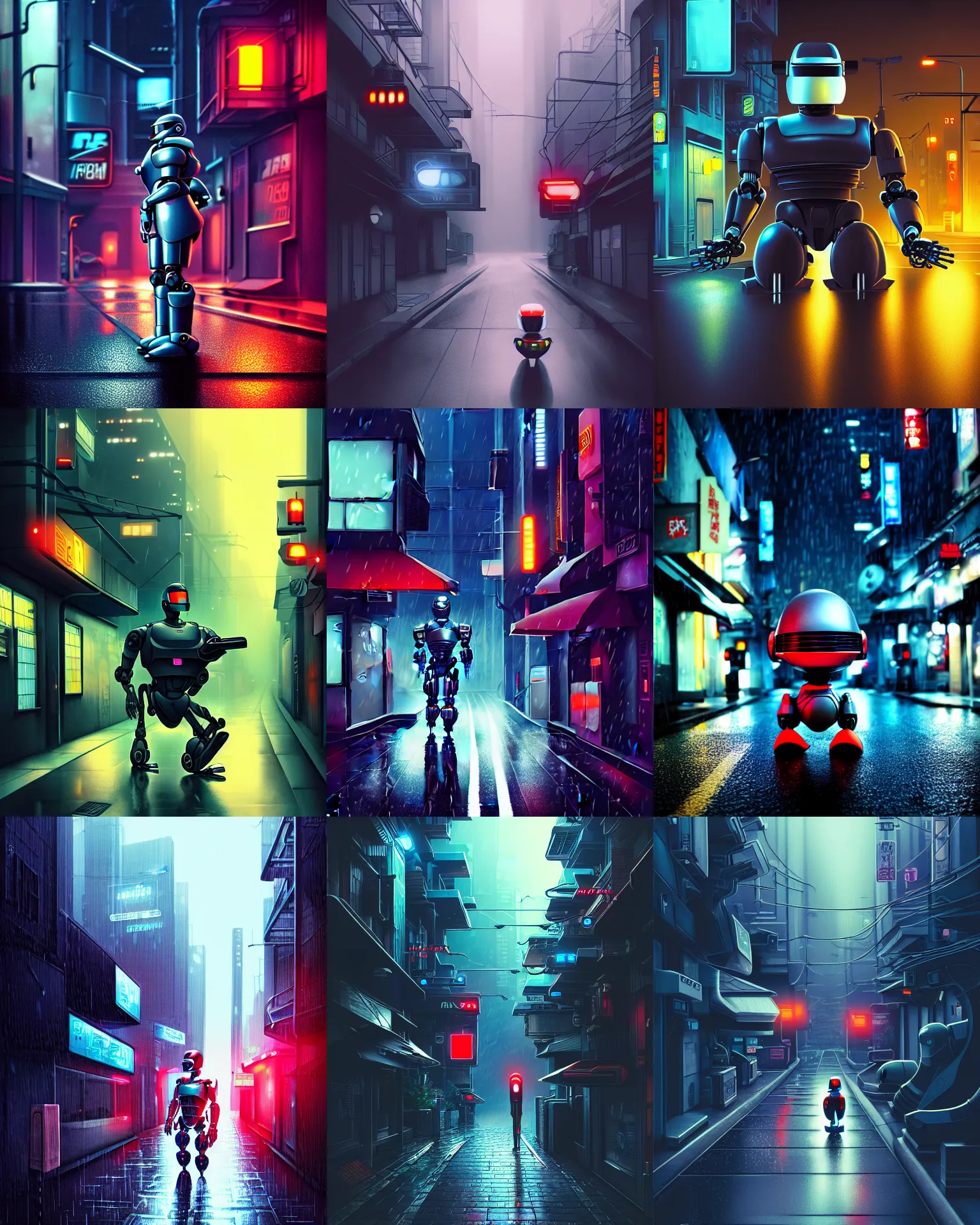 Prompt: robocop duck, cyberpunk street, late night, raytracing, rain, moody, interesting angle, parody, caricature, biomechanical, smooth, studio ghibli