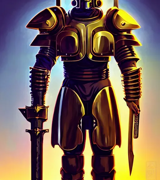 Prompt: a large cyberpunk paladin in rounded heavy plate armor with large shoulder pads and a spartan helmet and a very large shield he is holding a large axe in a cyberpunk setting, 1 9 3 9 omni magazine cover, style by vincent di fate, artgerm, cyberpunk 2 0 7 7, very coherent, detailed, 8 k resolution, unreal engine, daz