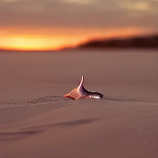 Image similar to narwhal plying at sunset, rose gold sand