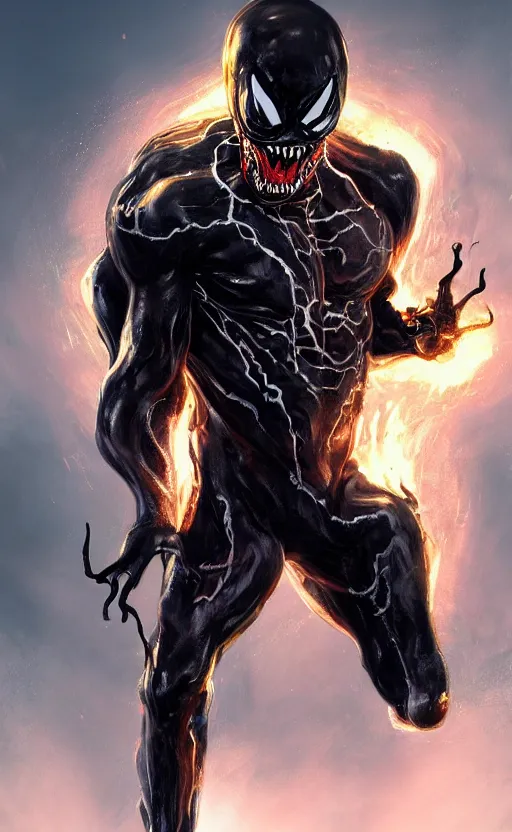 Image similar to venom as ghost rider, dynamic lighting, photorealistic fantasy concept art, trending on art station, stunning visuals, terrifying, creative, cinematic