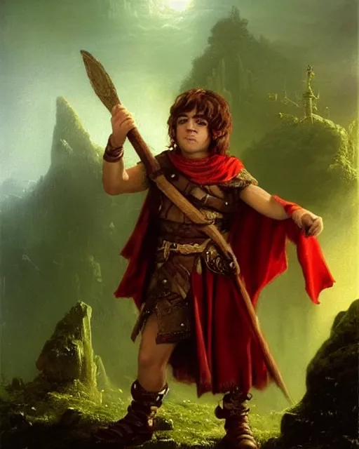 Image similar to A halfling wild magic sorcerer. He is wearing a cloak with glowing runes on it and a crown. He is frowning seriously. He is preparing to cast a spell to banish the old gods. He is standing in spell circle. Award winning realistic oil painting by Thomas Cole and Wayne Barlowe