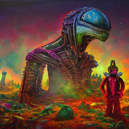 Image similar to extraterrestrial wedding in village on ancient post - apocalyptic planet, jim henson creature shop, vivid and colorful, cinematic, oil painting, highly detailed, illustration