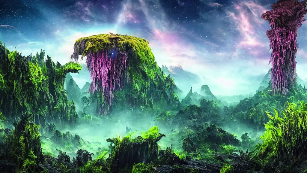 Prompt: an alien landscape view, alien sky, star in the sky, alien waterfall, weird alien trees, alien colorful greenery, alien mountains, epic composition, 4 k, detailed, realistic