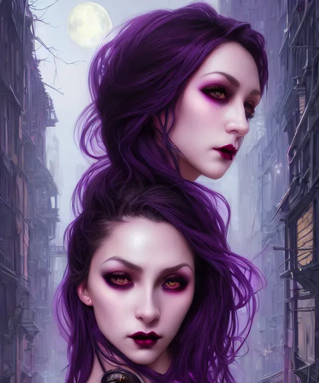 Prompt: Beautiful female vampire mother and daughter, eastern european origin, sci-fi, pink eyes, face, black and purple hair, fantasy, intricate, elegant, new york alleyway, moonlit, highly detailed, digital painting, artstation, concept art, smooth, sharp focus, illustration, art by artgerm and greg rutkowski and alphonse mucha