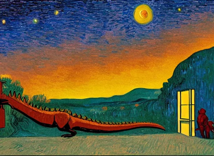 Image similar to painting of the extinction of the dinosaurs with asteroid and fire, in the style of edward hopper and vincent van gogh, dramatic lighting at dusk