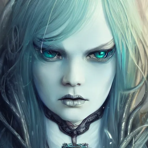 Image similar to portrait of a ranni the witch from elden ring, blue hair, baroque style, elegant, beautiful, mesmerizing, concept art, highly detailed, artstation, behance, deviantart, inspired by innocent manga, inspired by castlevania concept art, trending, ayami kojima, shinichi sakamoto