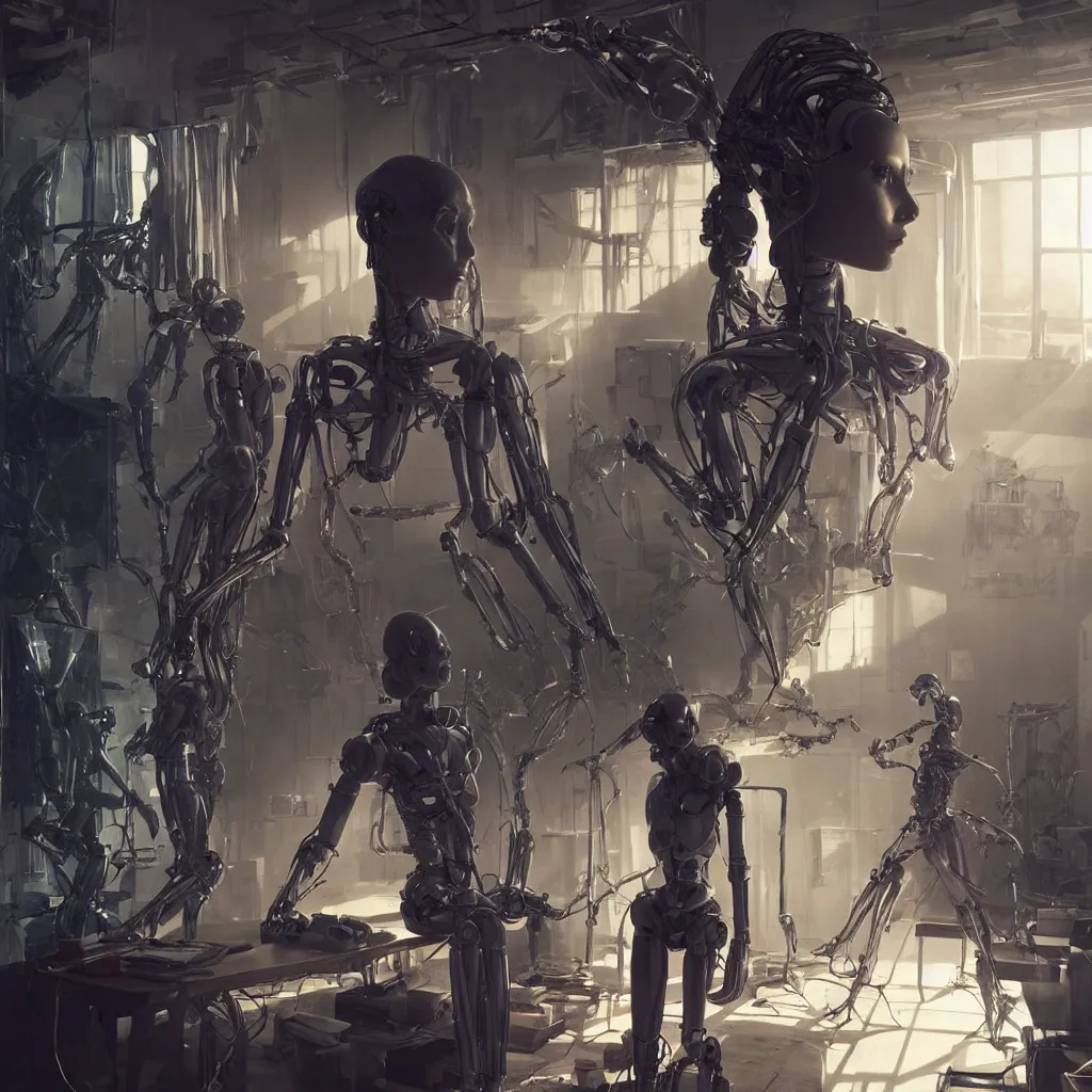 Image similar to extremely detailed cinematic movie still medium shot of supermodel girl artist working in her studio with human like robot hyperreal skin face by denis villeneuve, wayne barlowe, simon birch, marc simonetti, philippe druillet, beeple, alex grey bright volumetric sunlight, rich moody colors, bokeh