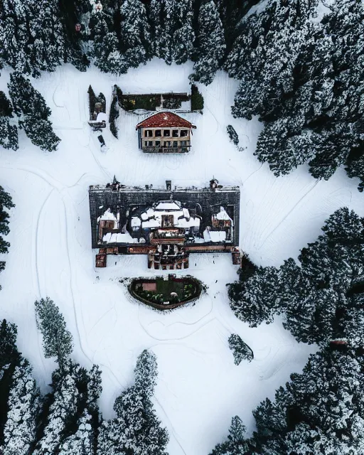 Image similar to hidden mansion in the alps with snow covered roof, zoomed out, shot from drone, iphone capture