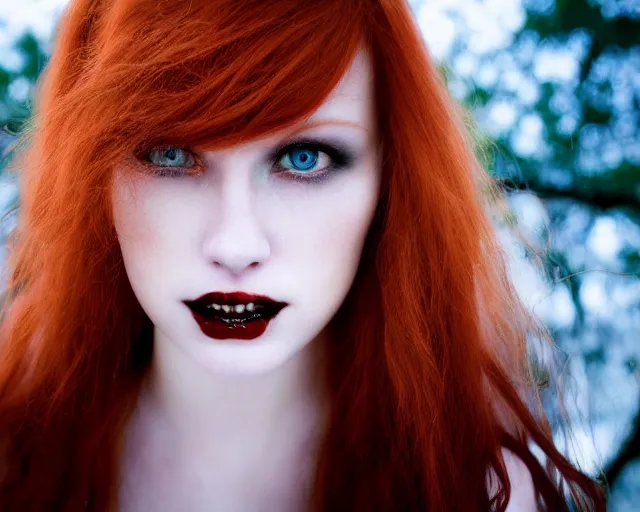 Image similar to award winning 5 5 mm close up face portrait photo of an anesthetic and beautiful redhead vampire lady who looks directly at the camera with bloodred wavy hair, intricate eyes that look like gems and long sharp fangs, in a park by luis royo. rule of thirds.