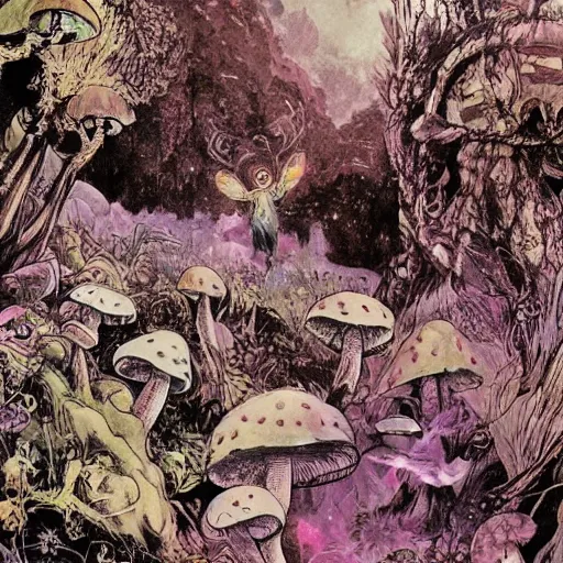 Image similar to stars in the sky fairies with detailed faces enchanted forest mushrooms on the ground psychedelic wide angle shot white background vector art illustration gears of war by frank frazetta