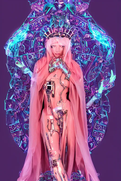 Prompt: photo of full-body baroque and cyberpunk delicate neon crystalline sculpture of ((beautiful feminie albino princess Latina)) as an onyx humanoid deity wearing ((peach plastic hooded cloak)) (holding an onyx skull) in a onyx aztec temple, reclining, glowing blue face, crown of (pink lasers), large blue diamonds, swirling black silk fabric. futuristic elements. oozing glowing liquid, full-length view. space robots. intricate artwork by caravaggio. Trending on artstation, octane render, cinematic lighting from the right, hyper realism, photorealistic, octane render, 8k, depth of field, 3D